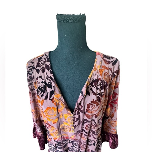 RXB Burnout Velvet Floral Peasant Blouse Boho Romantic Top L H - Picture 2 of 10